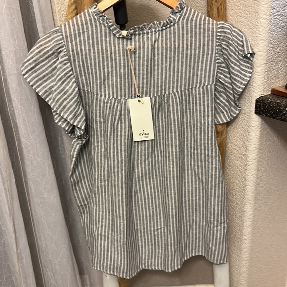 Dylan Striped Ruffle Shell Cap Sleeve Button Blouse Size S - Picture 3 of 11